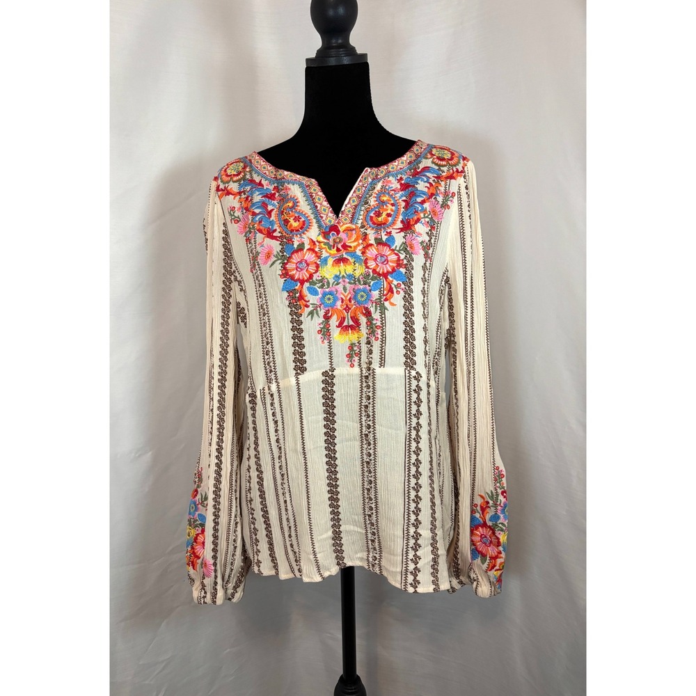 Boho Floral Embroidered Striped Peasant Blouse Cream Long Sleeve Top